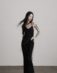 DOINDULGE Draped Halter Tank with Bead Detail and Asymmetric Ruched Cut-Out