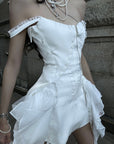 WARDEN EDGE Asymmetric Ruffled Mini Dress with Corset Detailing and Off-Shoulder Straps