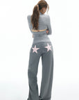 IAMXIAA Star Patch Wide Leg Sweatpants Drawstring Waist Lounge Pants