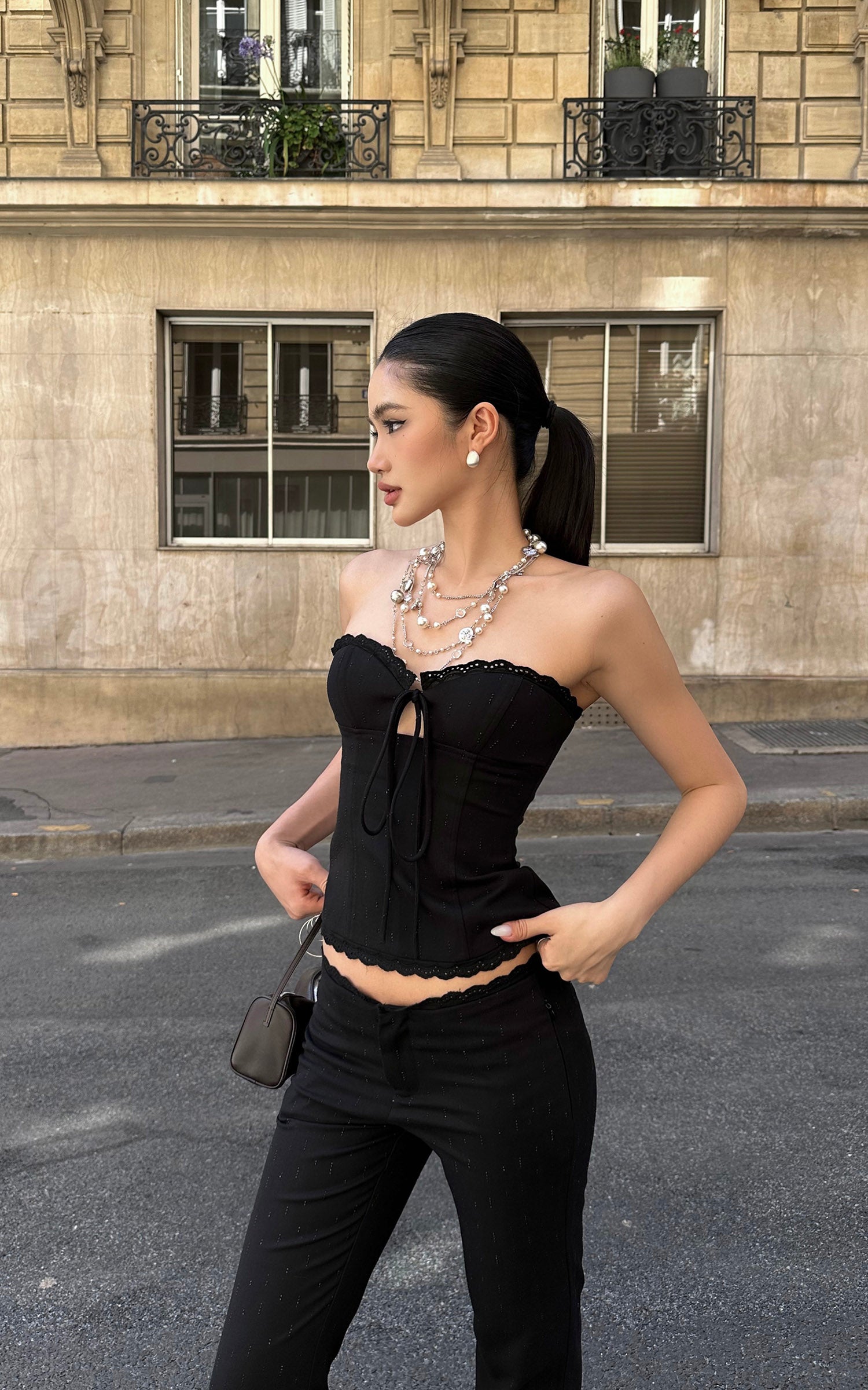 ROVENTE Lace Trim Corset Top and Flared Pants Set