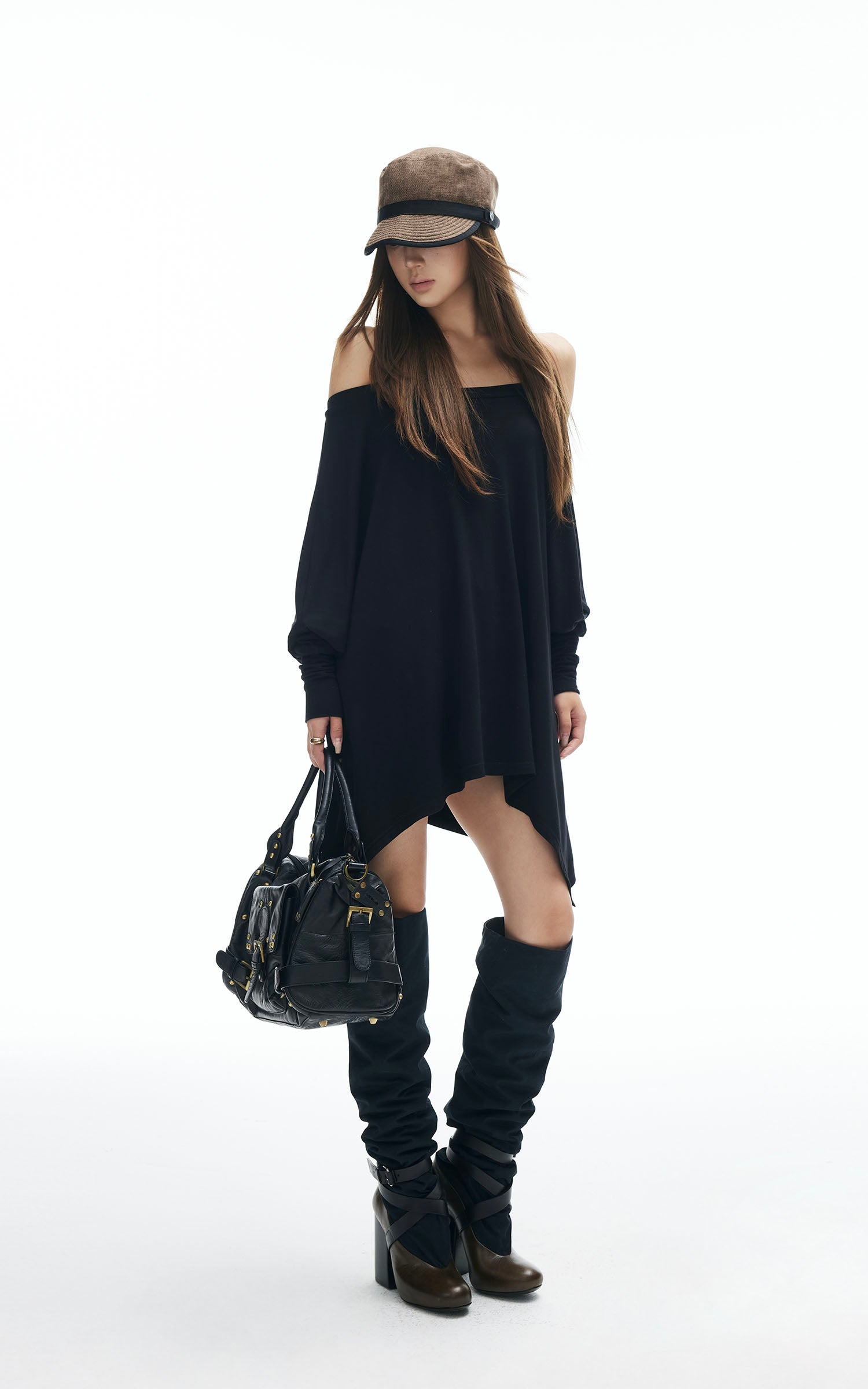 IAMXIAA Off Shoulder Long Sleeve Top with Adjustable Strap