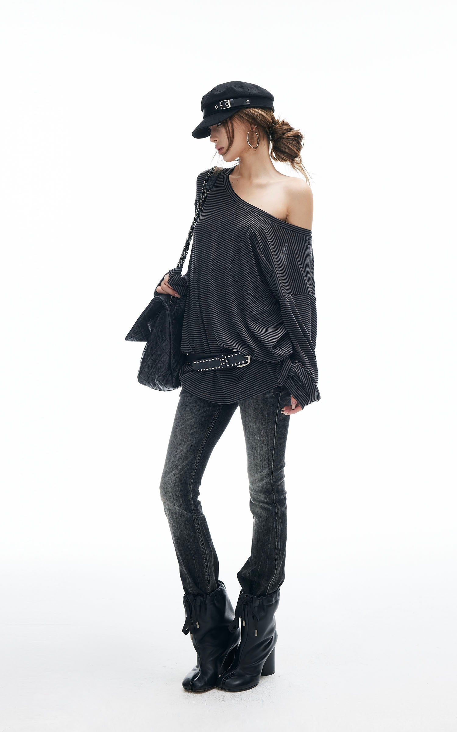 IAMXIAA Striped Off-Shoulder Long Sleeve Top with Back Strap Detail