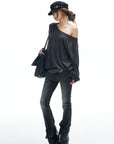 IAMXIAA Striped Off-Shoulder Long Sleeve Top with Back Strap Detail