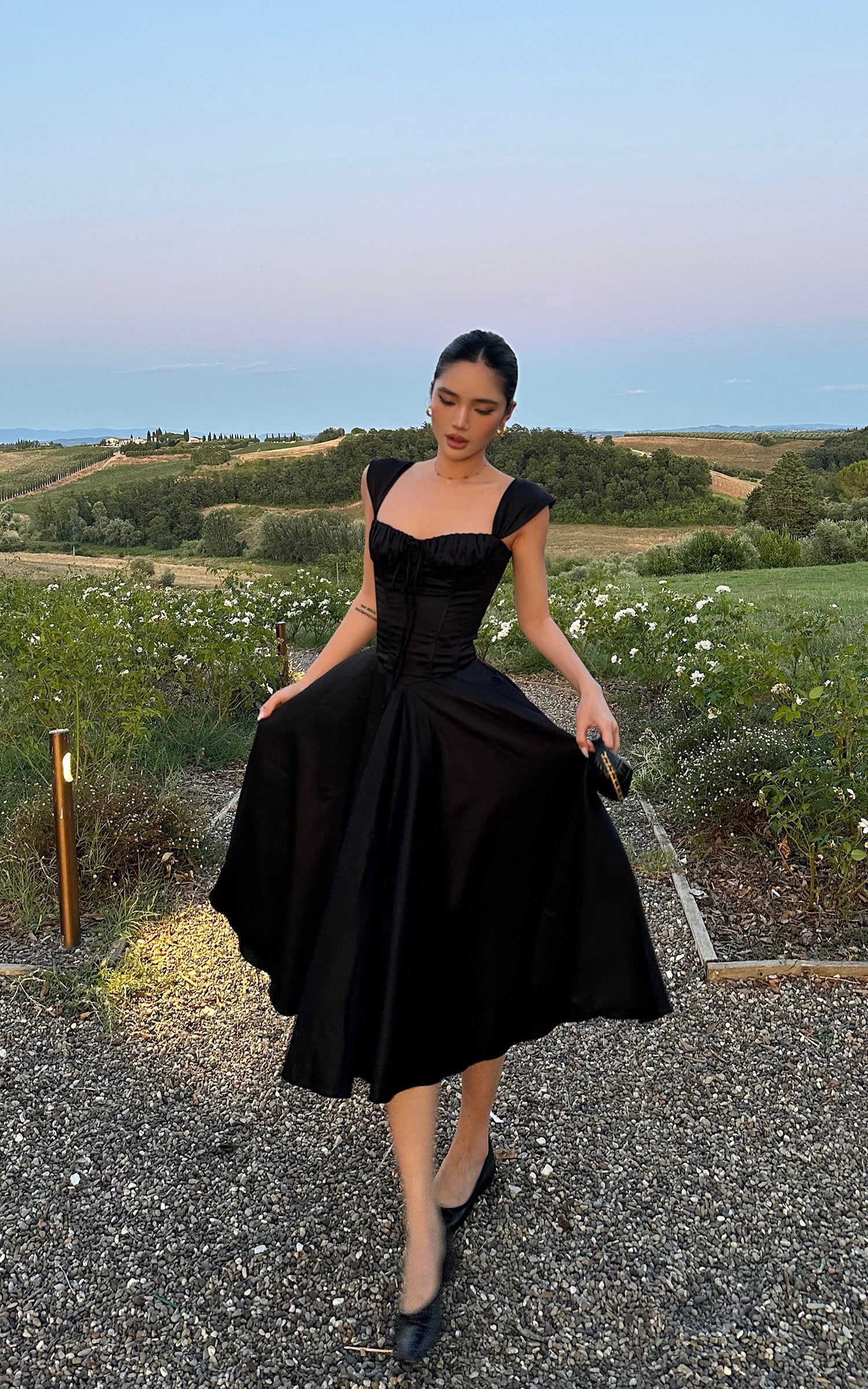 ROVENTE Off-Shoulder Satin Corset Midi Dress with Flared Skirt