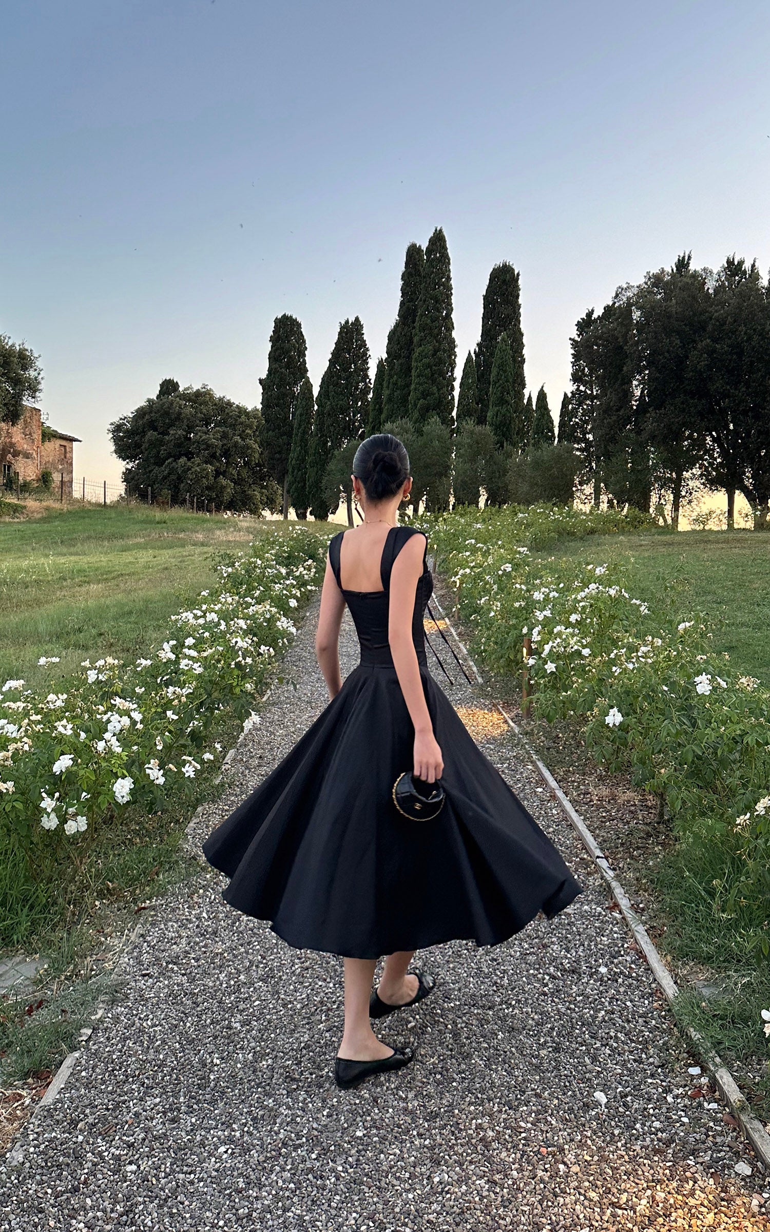 ROVENTE Off-Shoulder Satin Corset Midi Dress with Flared Skirt