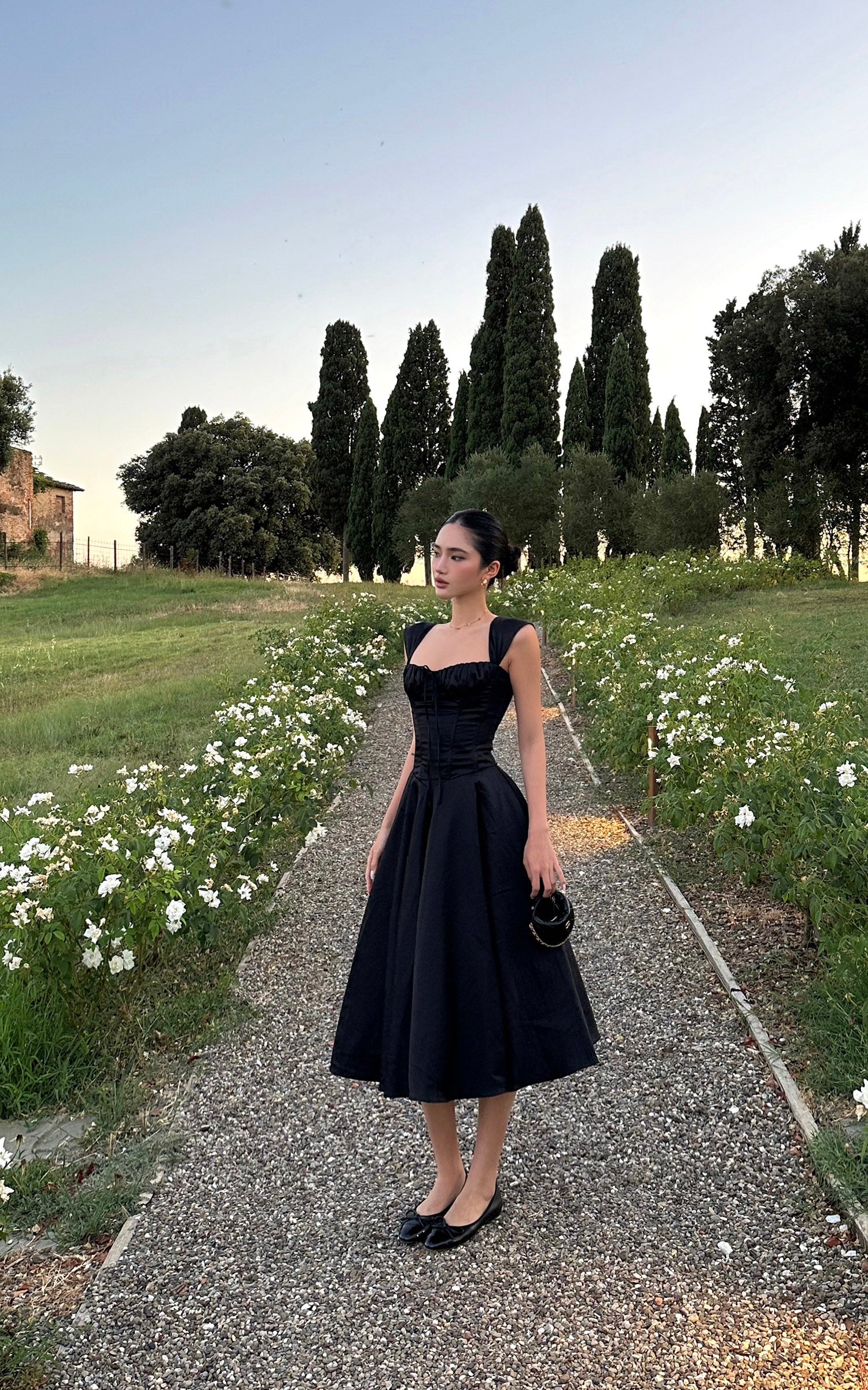 ROVENTE Off-Shoulder Satin Corset Midi Dress with Flared Skirt