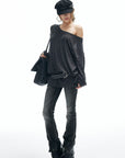 IAMXIAA Striped Off-Shoulder Long Sleeve Top with Back Strap Detail