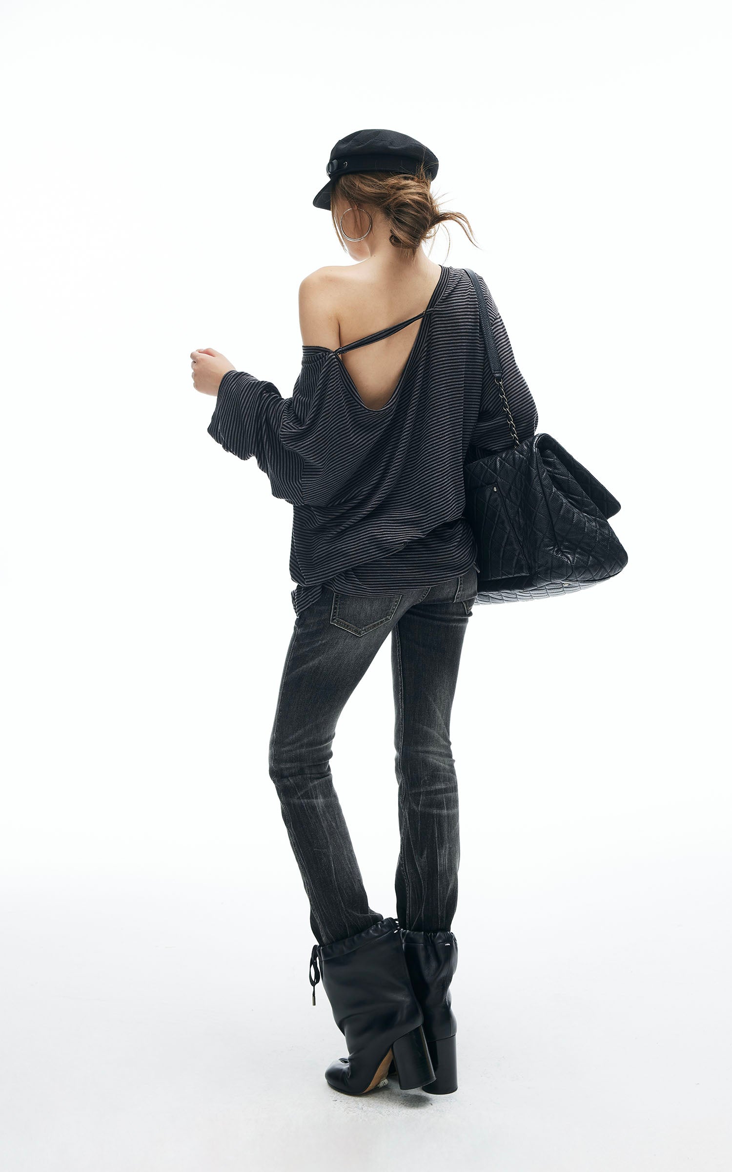 IAMXIAA Striped Off-Shoulder Long Sleeve Top with Back Strap Detail