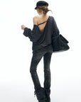 IAMXIAA Striped Off-Shoulder Long Sleeve Top with Back Strap Detail