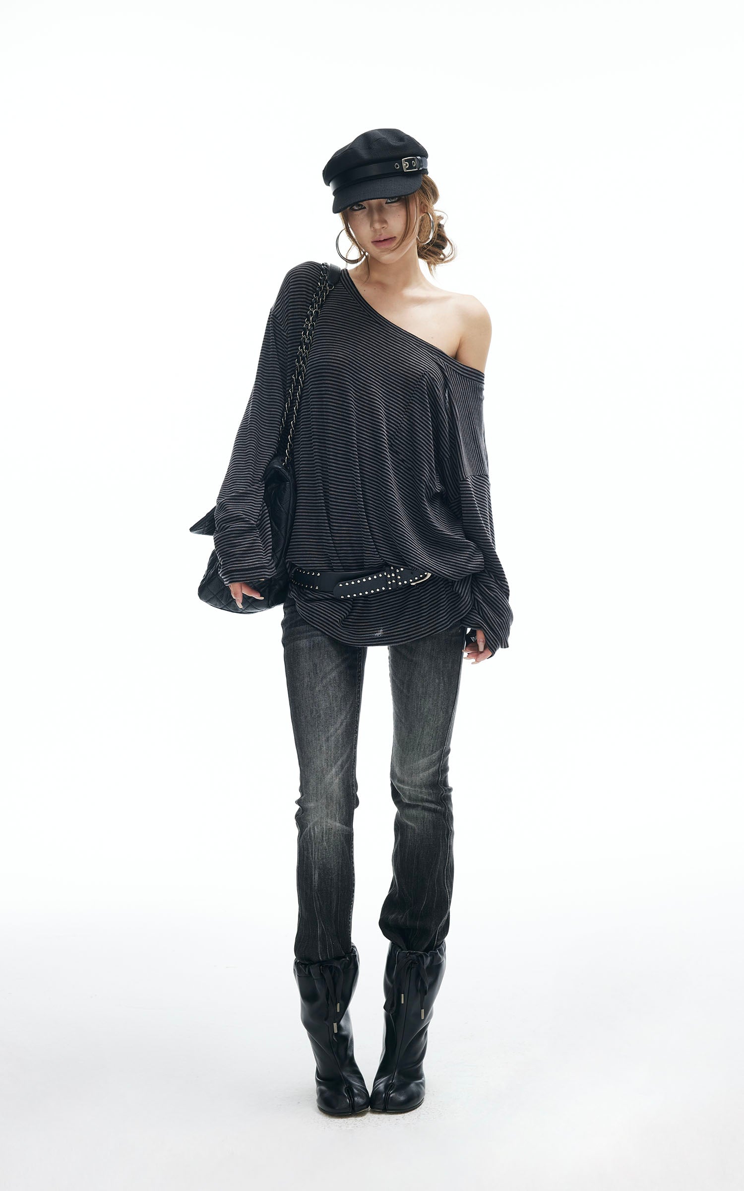 IAMXIAA Striped Off-Shoulder Long Sleeve Top with Back Strap Detail