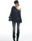 IAMXIAA Striped Off-Shoulder Long Sleeve Top with Back Strap Detail