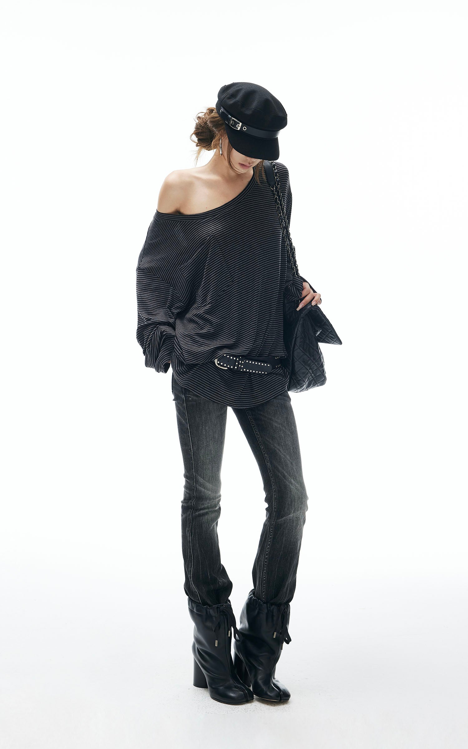 IAMXIAA Striped Off-Shoulder Long Sleeve Top with Back Strap Detail