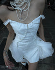 WARDEN EDGE Asymmetric Ruffled Mini Dress with Corset Detailing and Off-Shoulder Straps