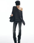 IAMXIAA Striped Off-Shoulder Long Sleeve Top with Back Strap Detail