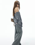 IAMXIAA Asymmetric Strap Slouchy Long Sleeve Top Casual Streetwear Pocket Tee