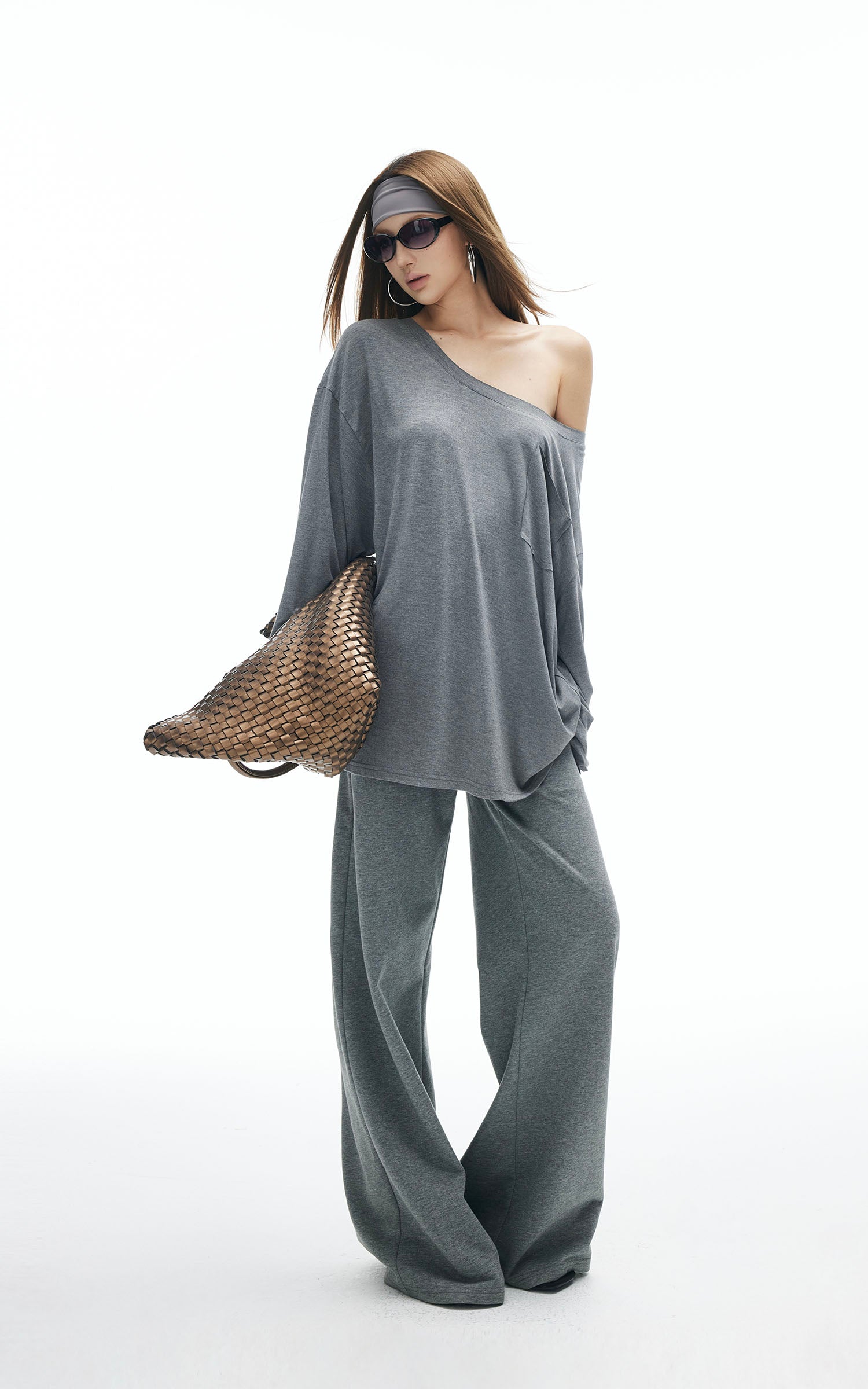 IAMXIAA Asymmetric Strap Slouchy Long Sleeve Top Casual Streetwear Pocket Tee