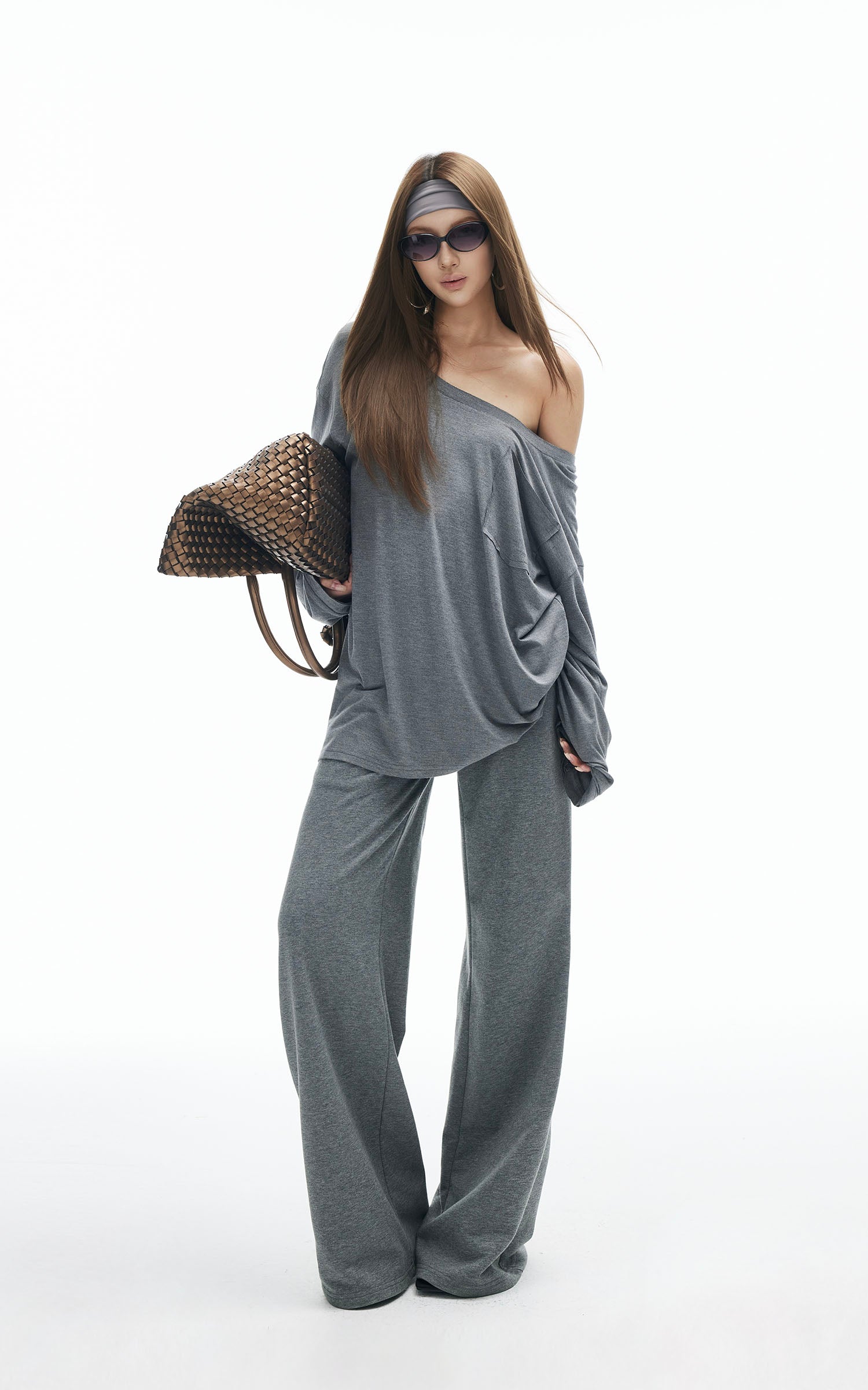 IAMXIAA Asymmetric Strap Slouchy Long Sleeve Top Casual Streetwear Pocket Tee