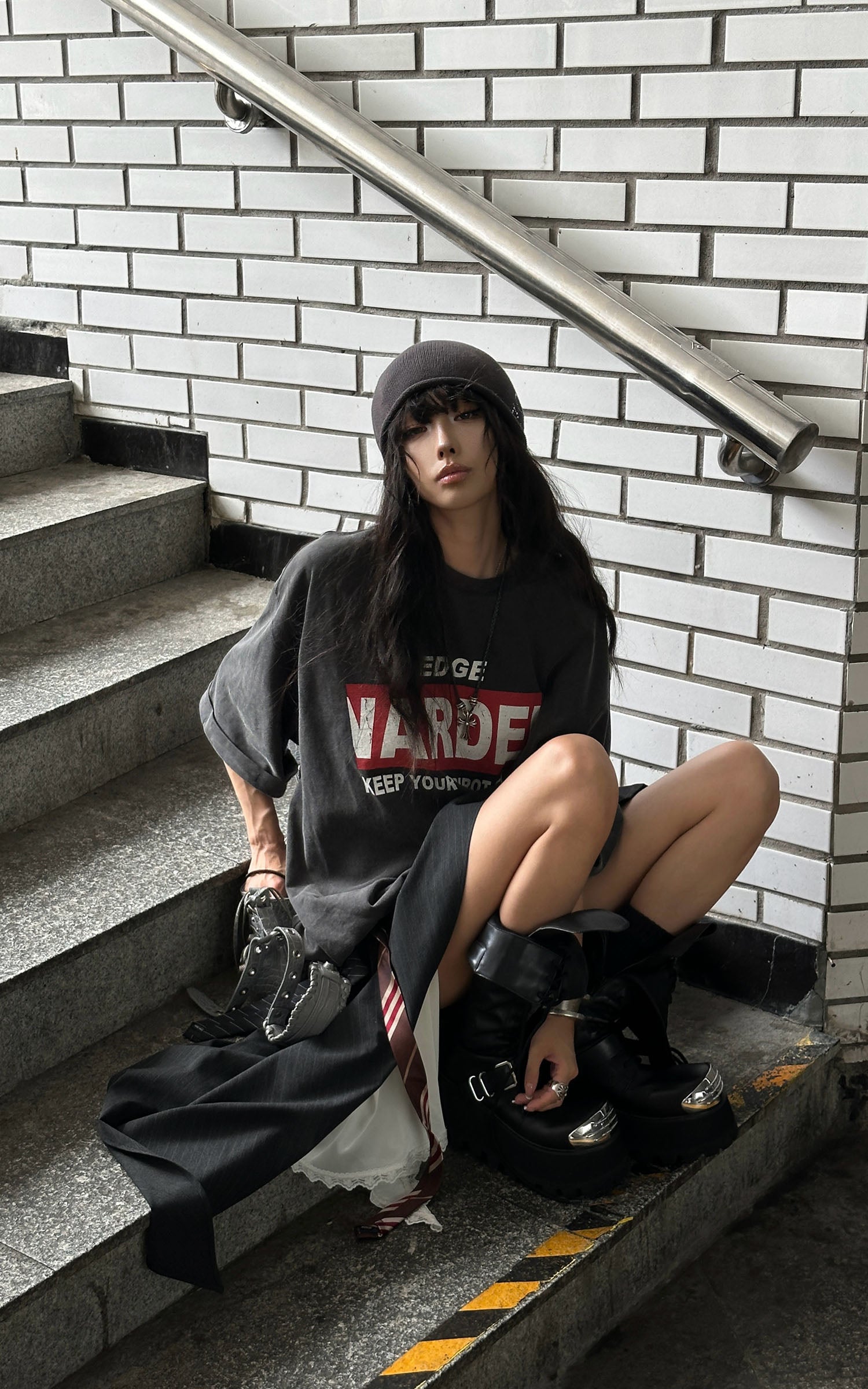 WARDEN EDGE Washed Oversized Tee with Red Letter Print