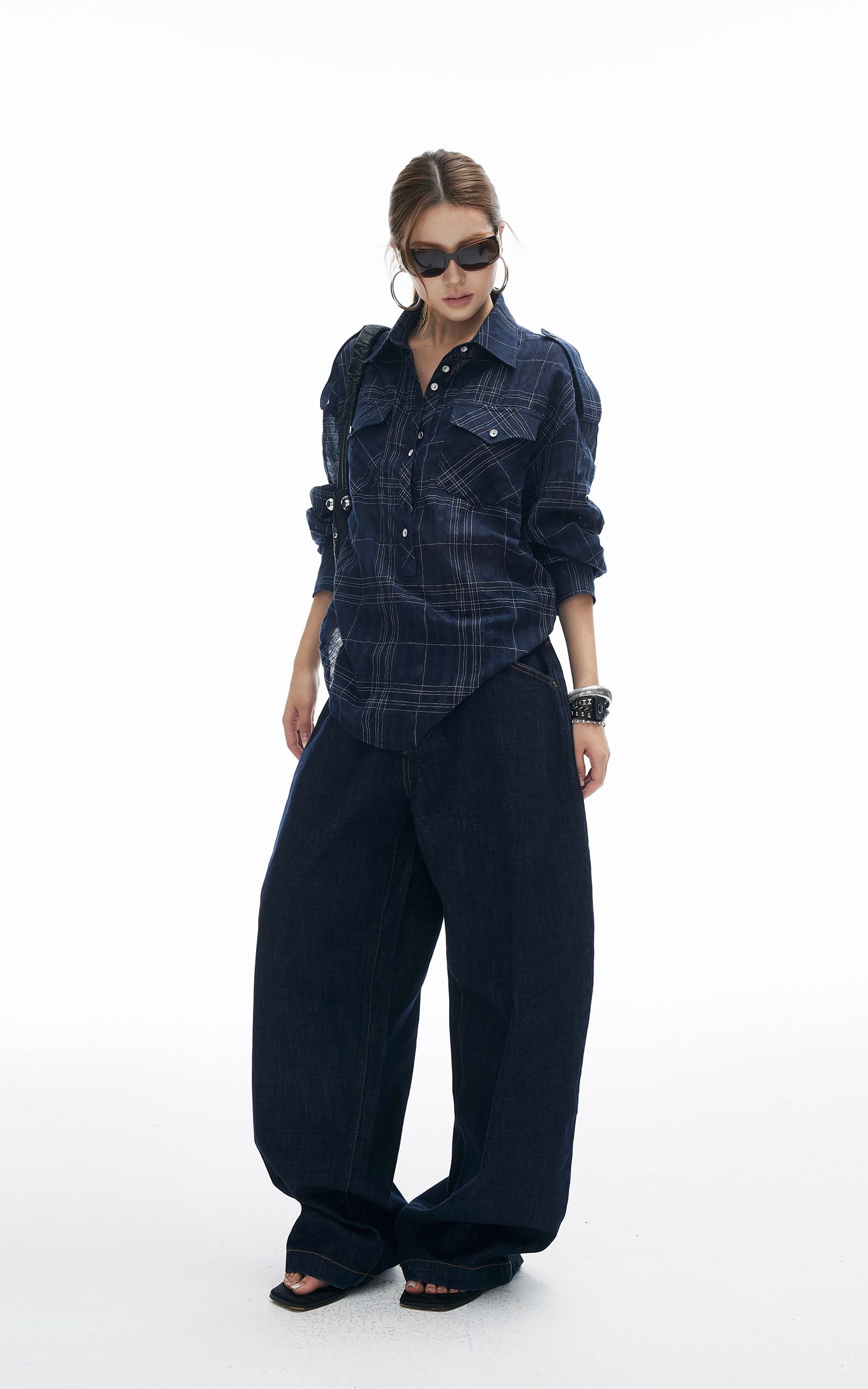 IAMXIAA Wide Leg Denim Jeans High Rise Button Fly Dark Wash Streetwear Style