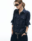 IAMXIAA Plaid Long Sleeve Shirt with Button Down Front and Tie Back Detail