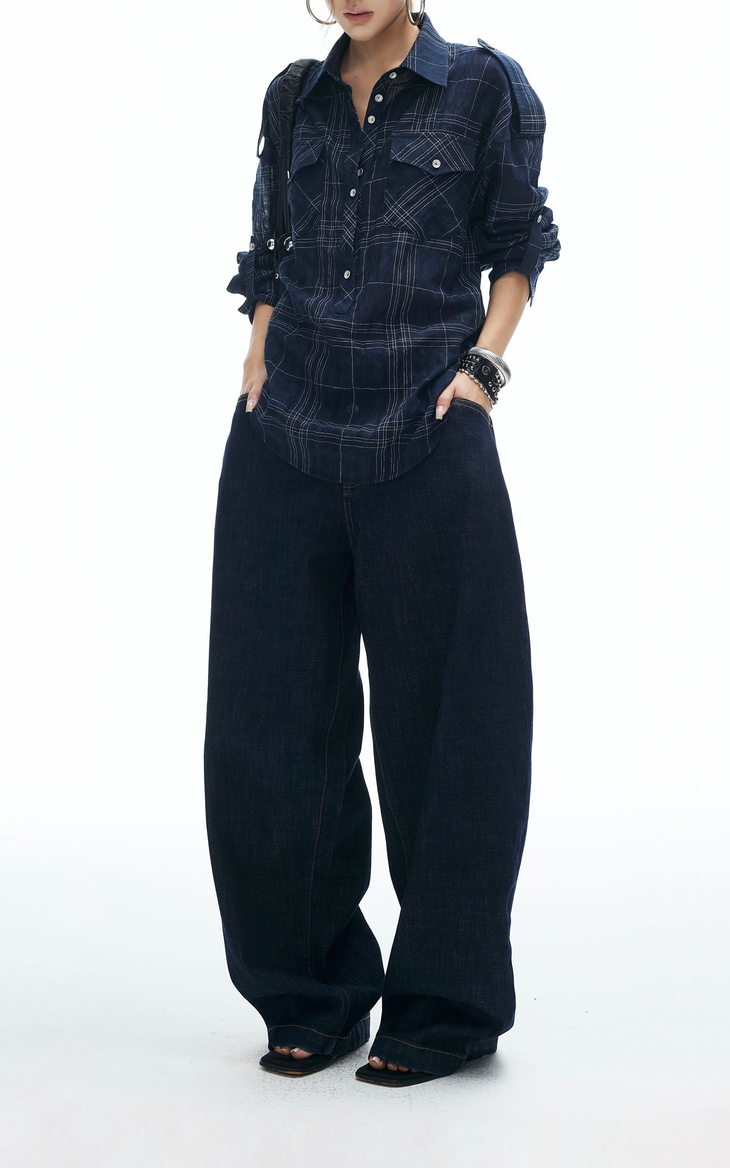IAMXIAA Plaid Long Sleeve Shirt with Button Down Front and Tie Back Detail