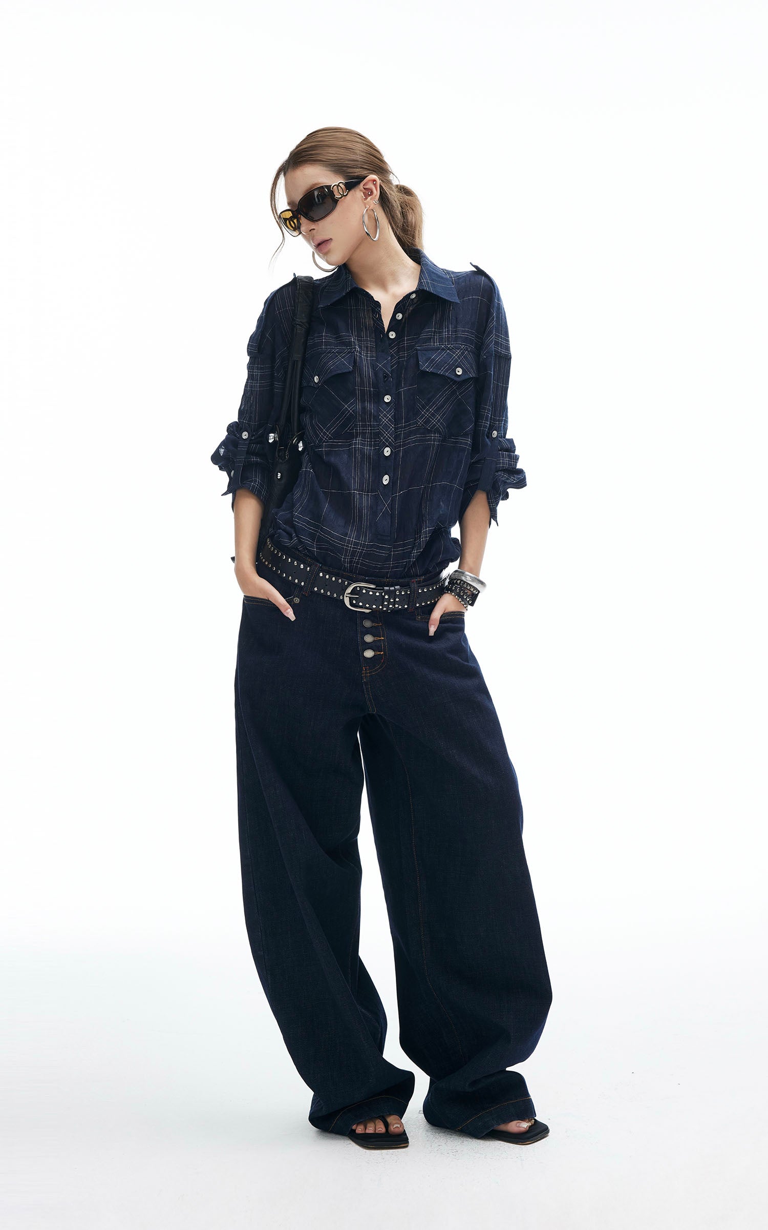 IAMXIAA Plaid Long Sleeve Shirt with Button Down Front and Tie Back Detail