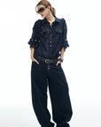 IAMXIAA Plaid Long Sleeve Shirt with Button Down Front and Tie Back Detail