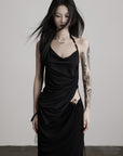 DOINDULGE Draped Halter Tank with Bead Detail and Asymmetric Ruched Cut-Out