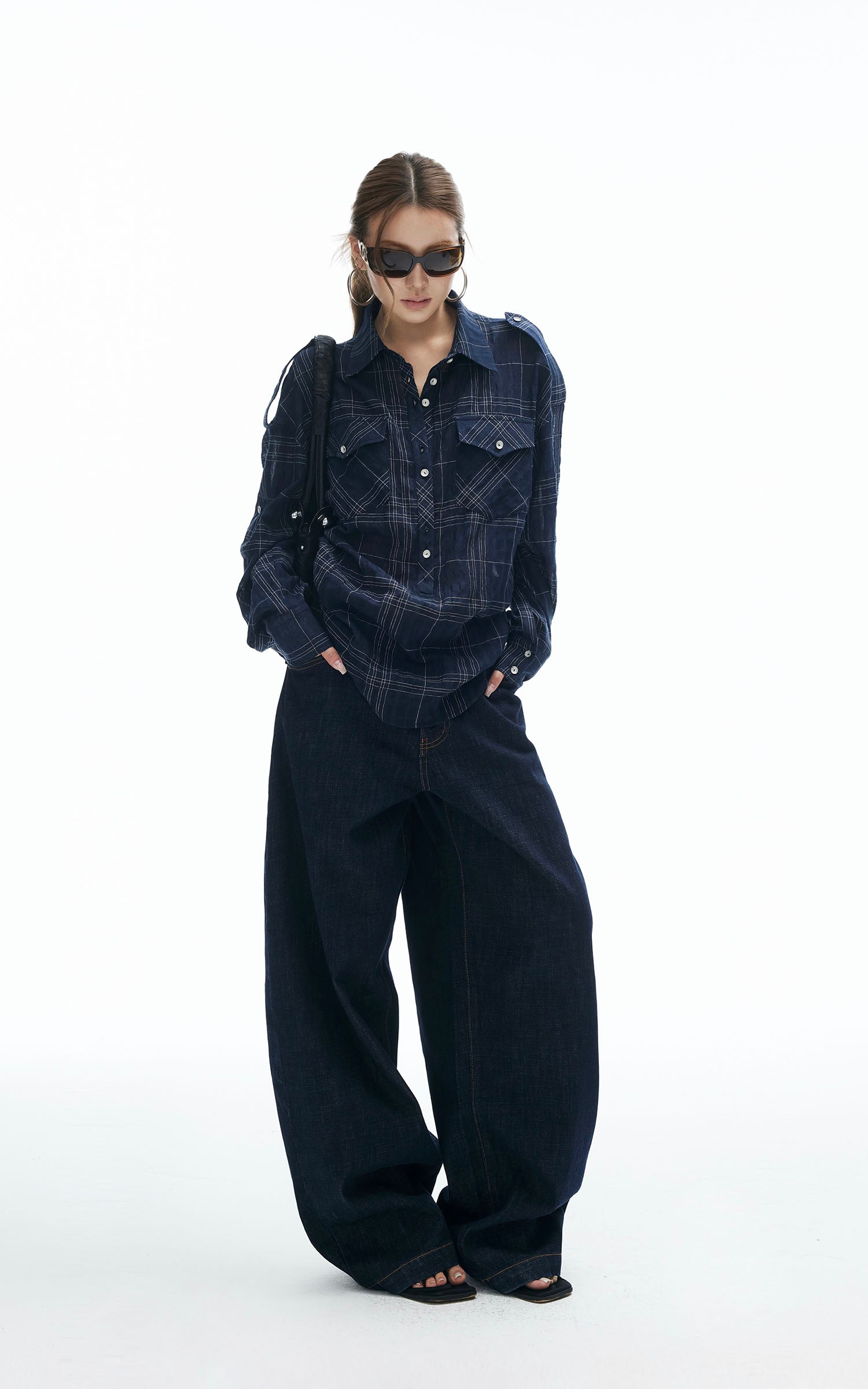 IAMXIAA Plaid Long Sleeve Shirt with Button Down Front and Tie Back Detail