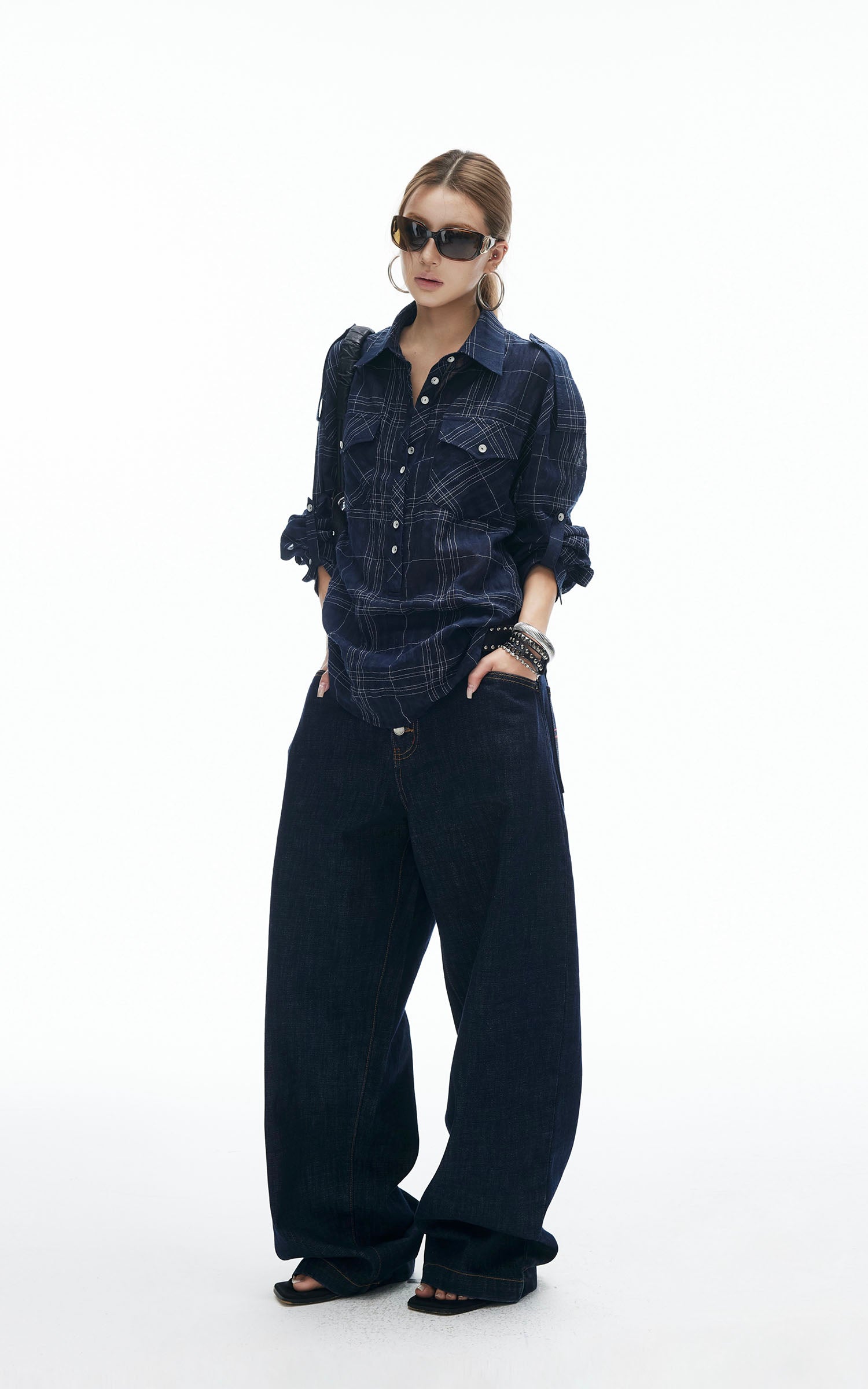 IAMXIAA Plaid Long Sleeve Shirt with Button Down Front and Tie Back Detail