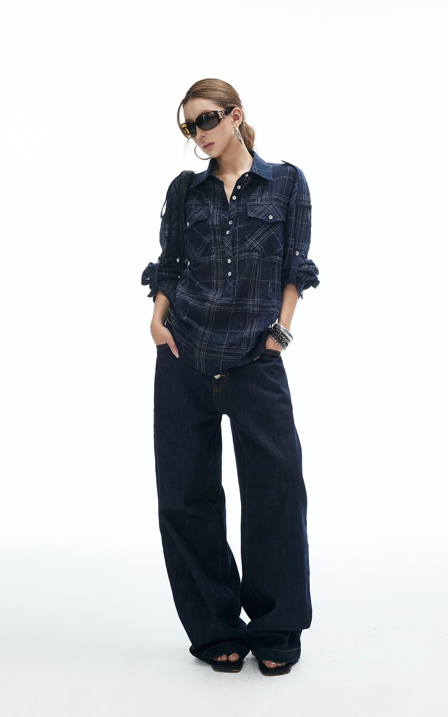 IAMXIAA Plaid Long Sleeve Shirt with Button Down Front and Tie Back Detail