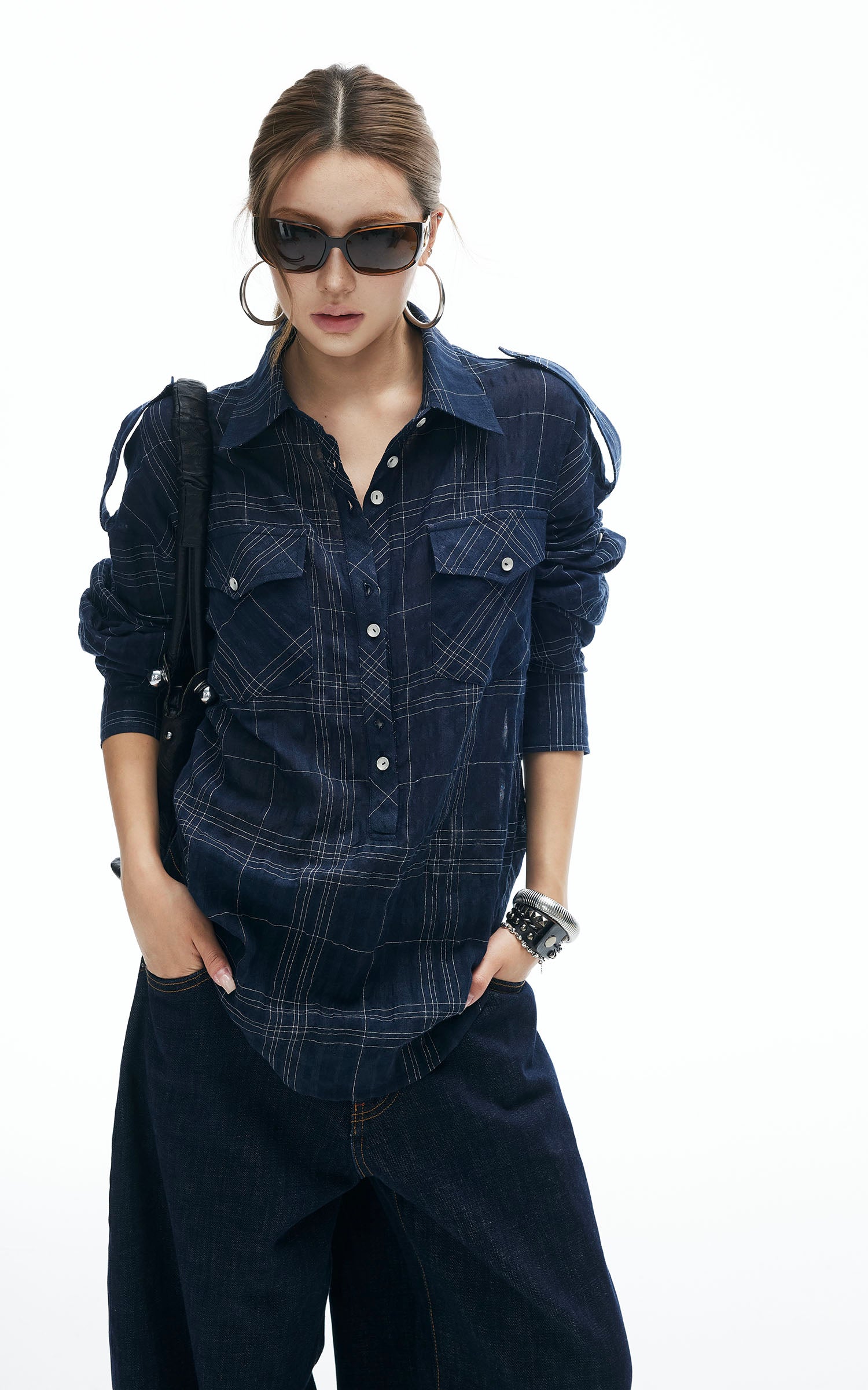 IAMXIAA Plaid Long Sleeve Shirt with Button Down Front and Tie Back Detail