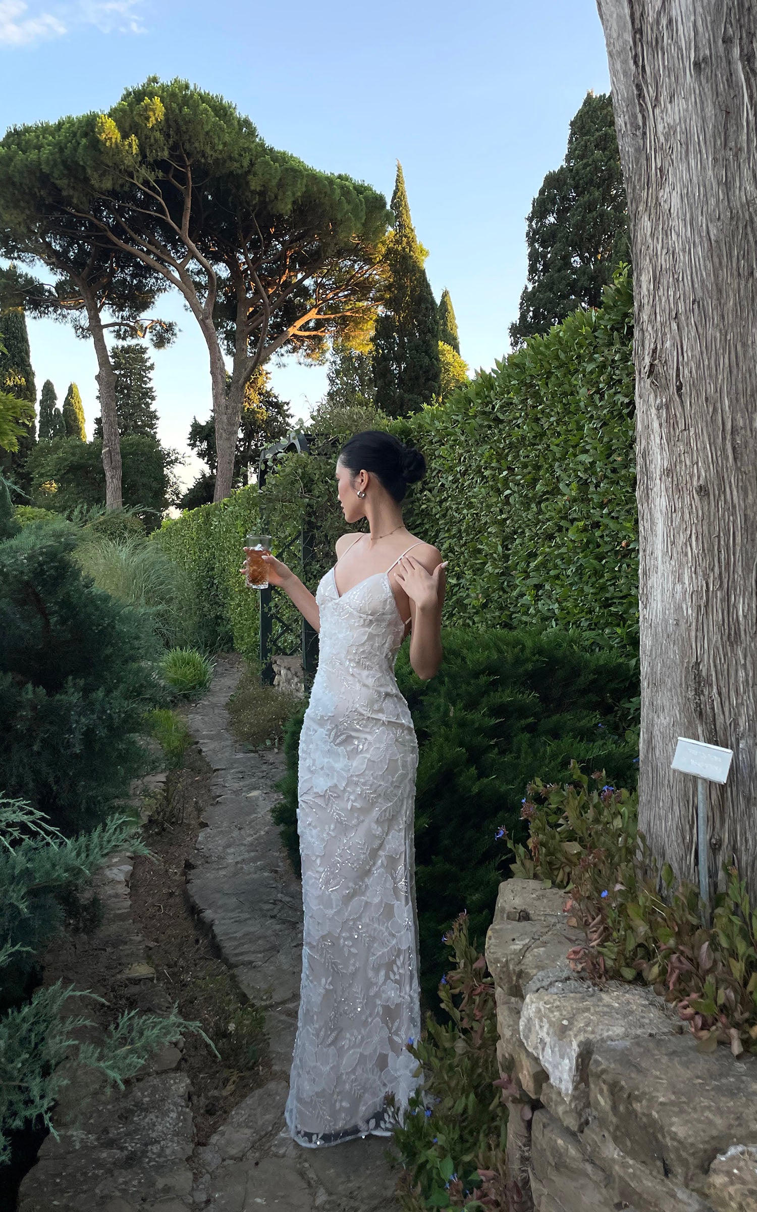 ROVENTE Embellished Lace Maxi Dress with Sequin Detail and Open Back
