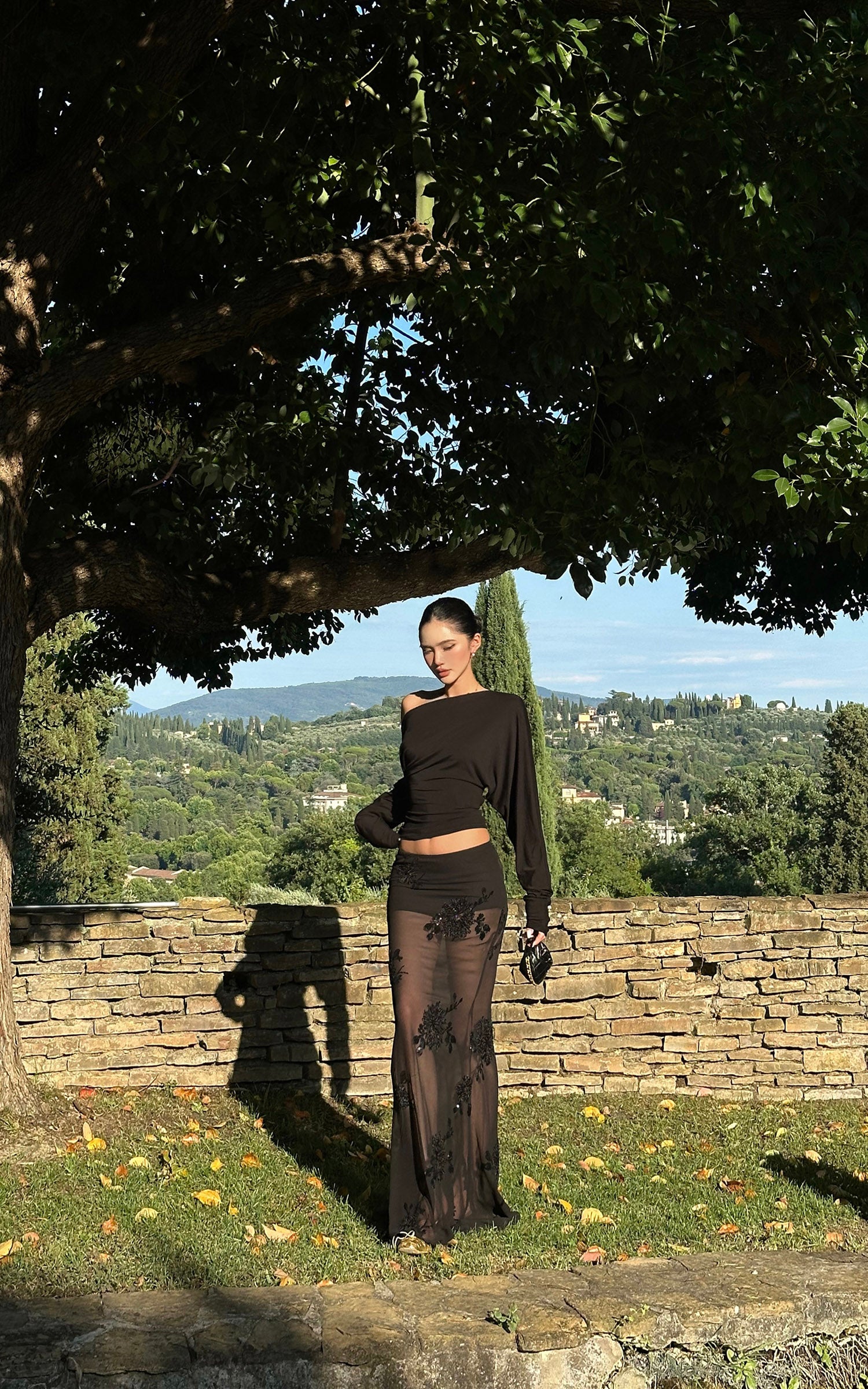 ROVENTE Sheer Mesh Sequin Maxi Skirt with Floral Embroidery