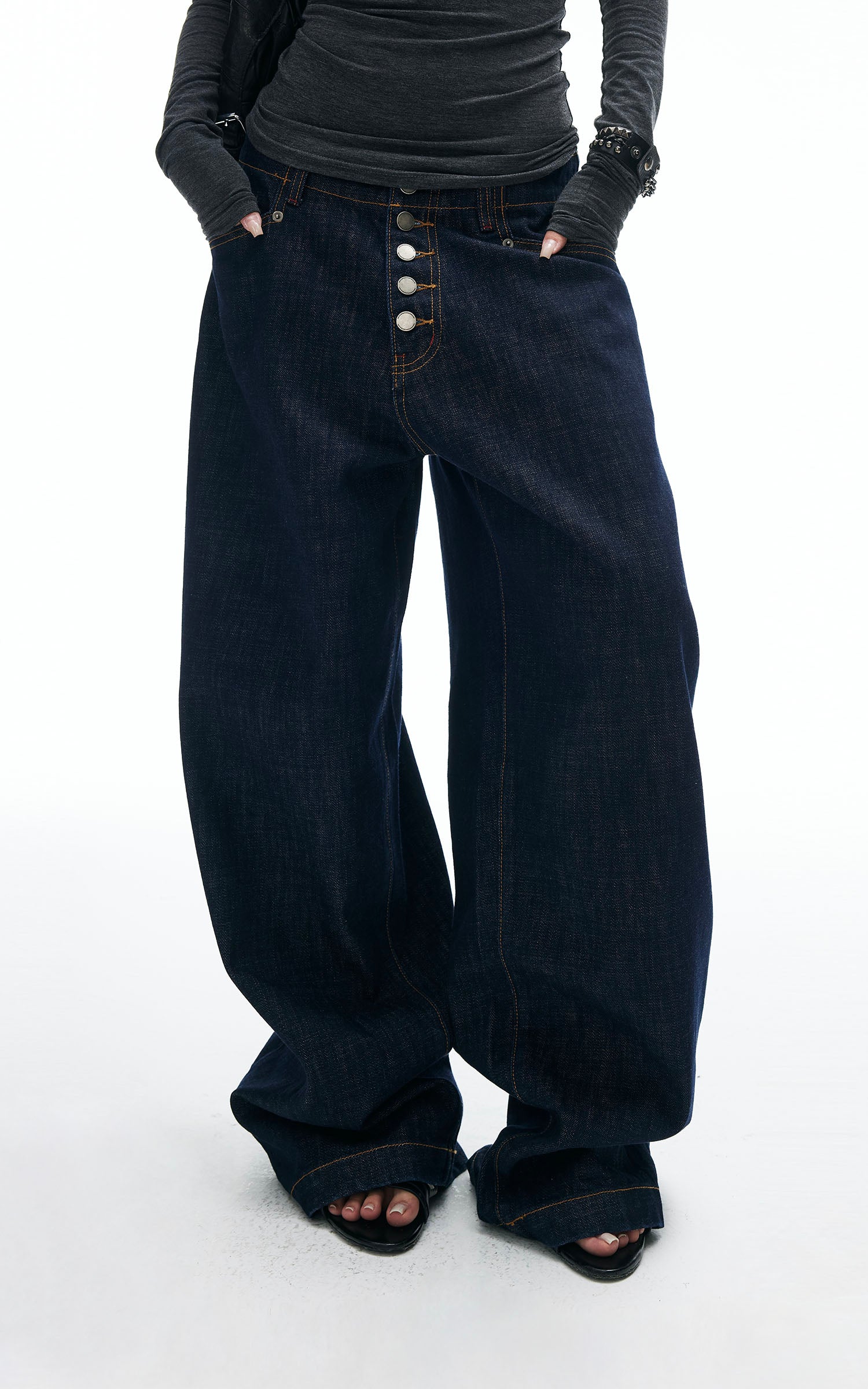 IAMXIAA Wide Leg Denim Jeans High Rise Button Fly Dark Wash Streetwear Style