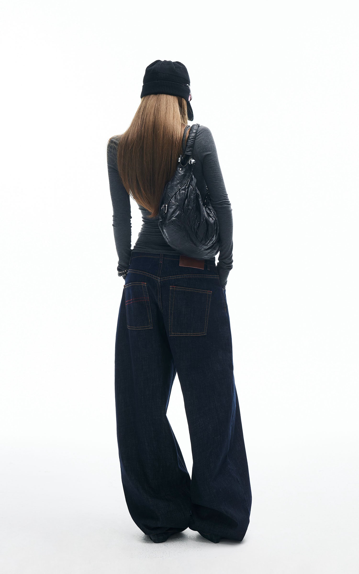 IAMXIAA Wide Leg Denim Jeans High Rise Button Fly Dark Wash Streetwear Style