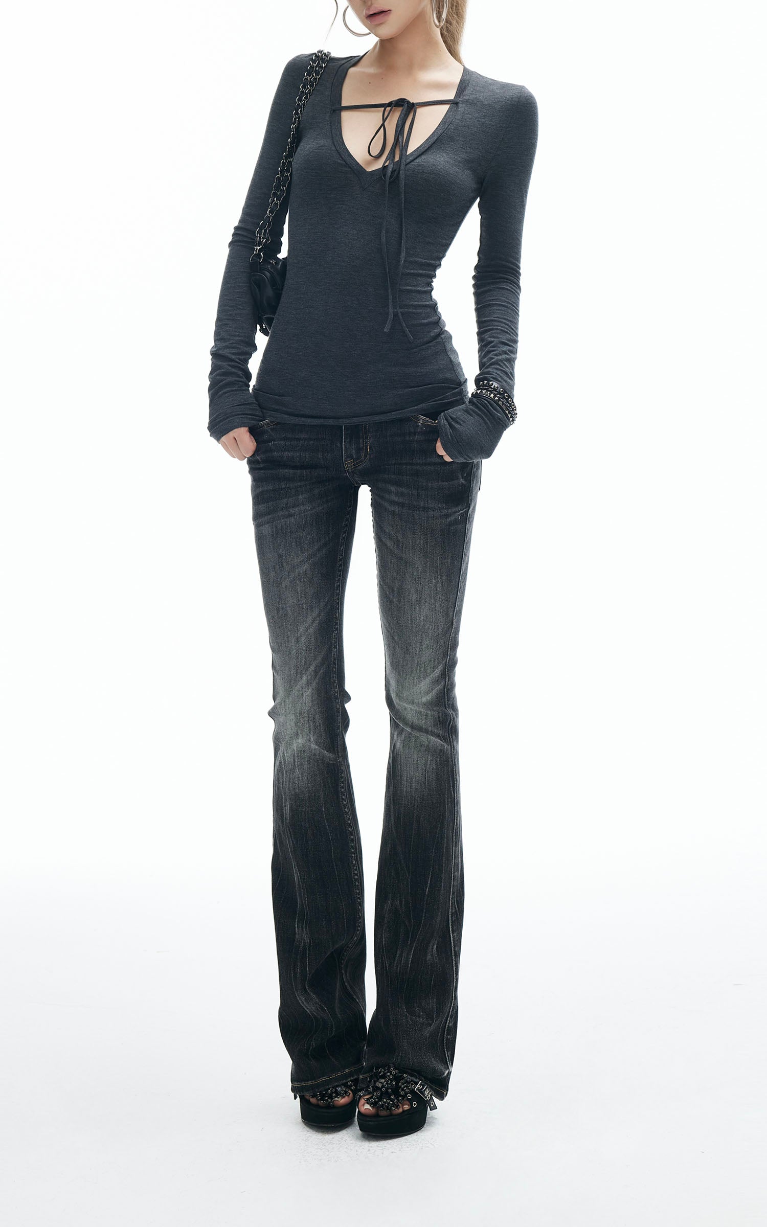 IAMXIAA Tie Detail Long Sleeve Top Slim Fit Scoop Neck Tee