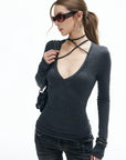 IAMXIAA Tie Detail Long Sleeve Top Slim Fit Scoop Neck Tee