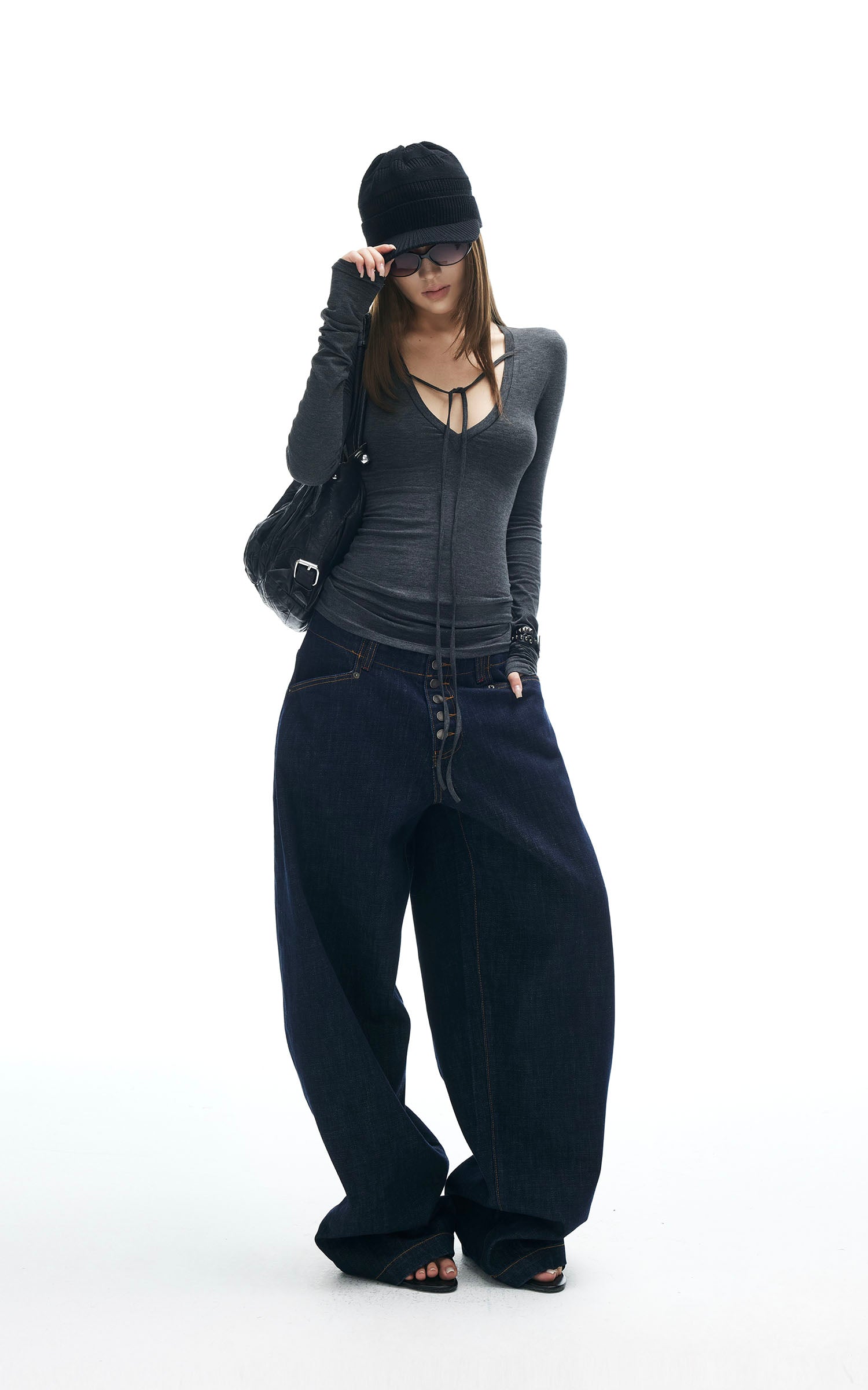 IAMXIAA Tie Detail Long Sleeve Top Slim Fit Scoop Neck Tee