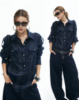 IAMXIAA Plaid Long Sleeve Shirt with Button Down Front and Tie Back Detail