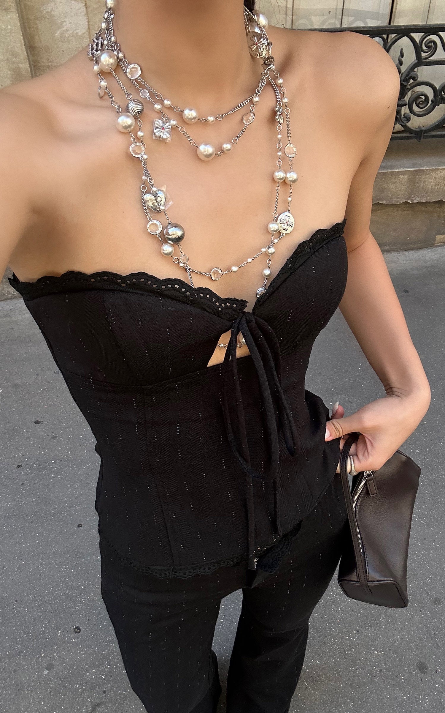 ROVENTE Lace Trim Corset Top and Flared Pants Set