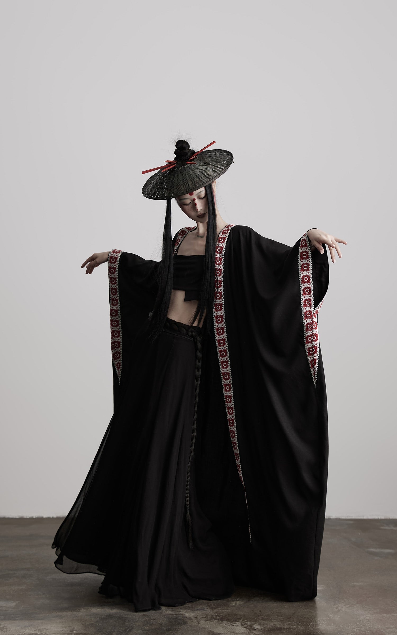 DOINDULGE Embroidered Long Kimono Coat with Flowing Silhouette and Contrast Details