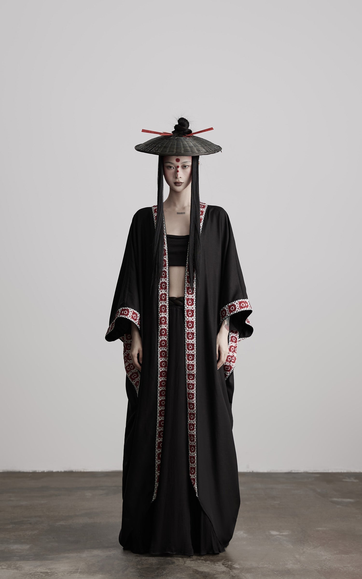 DOINDULGE Embroidered Long Kimono Coat with Flowing Silhouette and Contrast Details