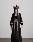 DOINDULGE Embroidered Long Kimono Coat with Flowing Silhouette and Contrast Details