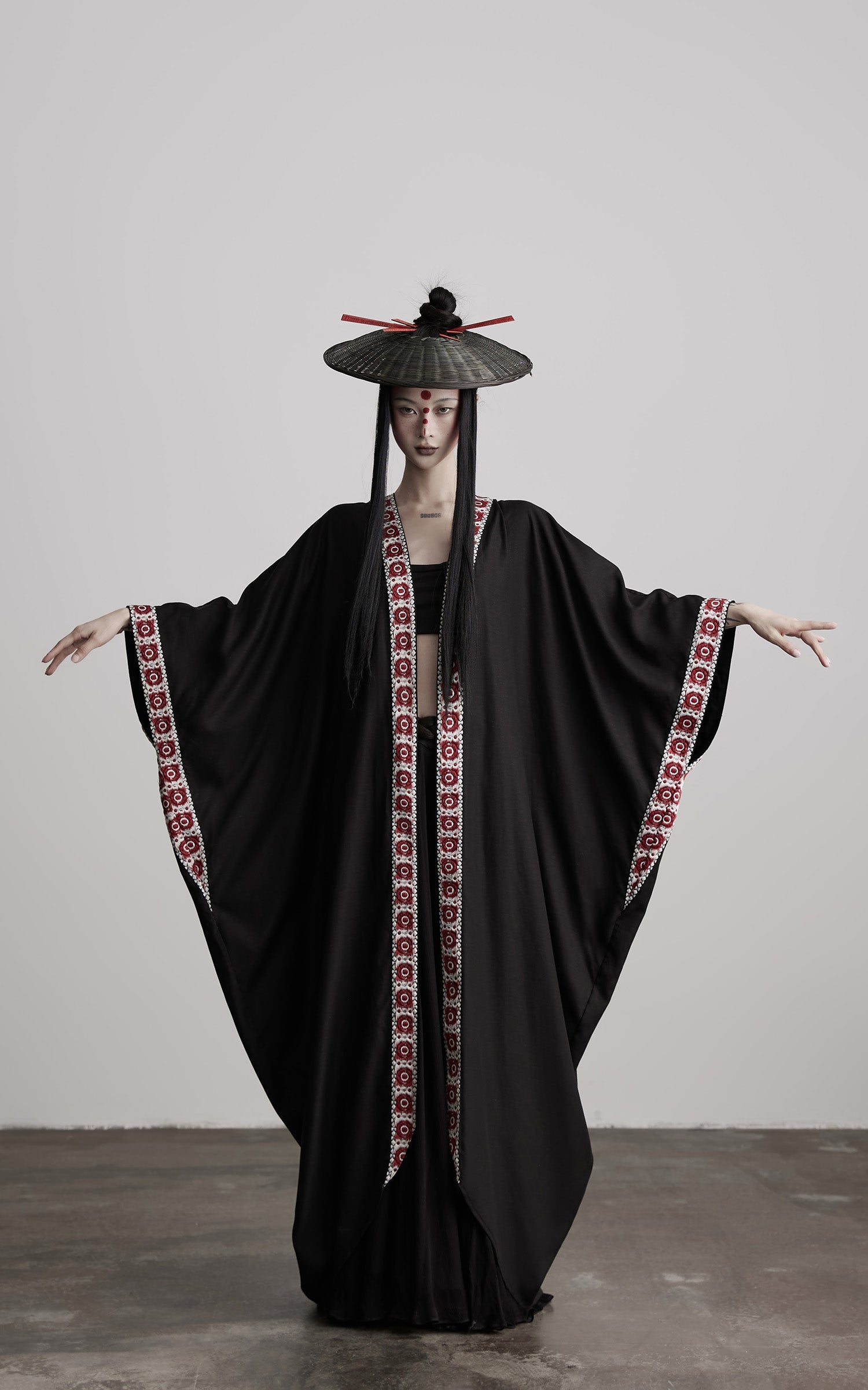 DOINDULGE Embroidered Long Kimono Coat with Flowing Silhouette and Contrast Details