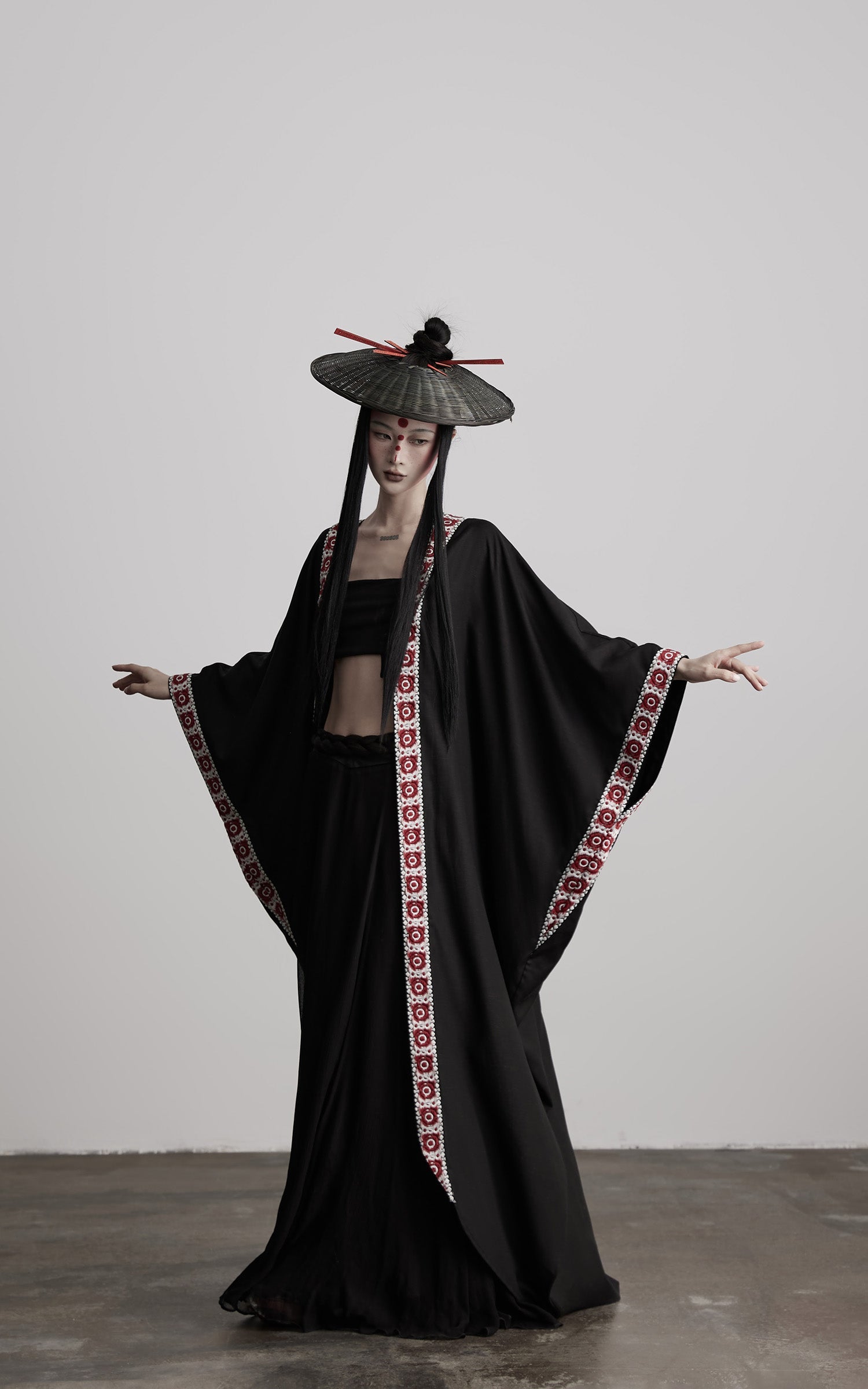 DOINDULGE Embroidered Long Kimono Coat with Flowing Silhouette and Contrast Details