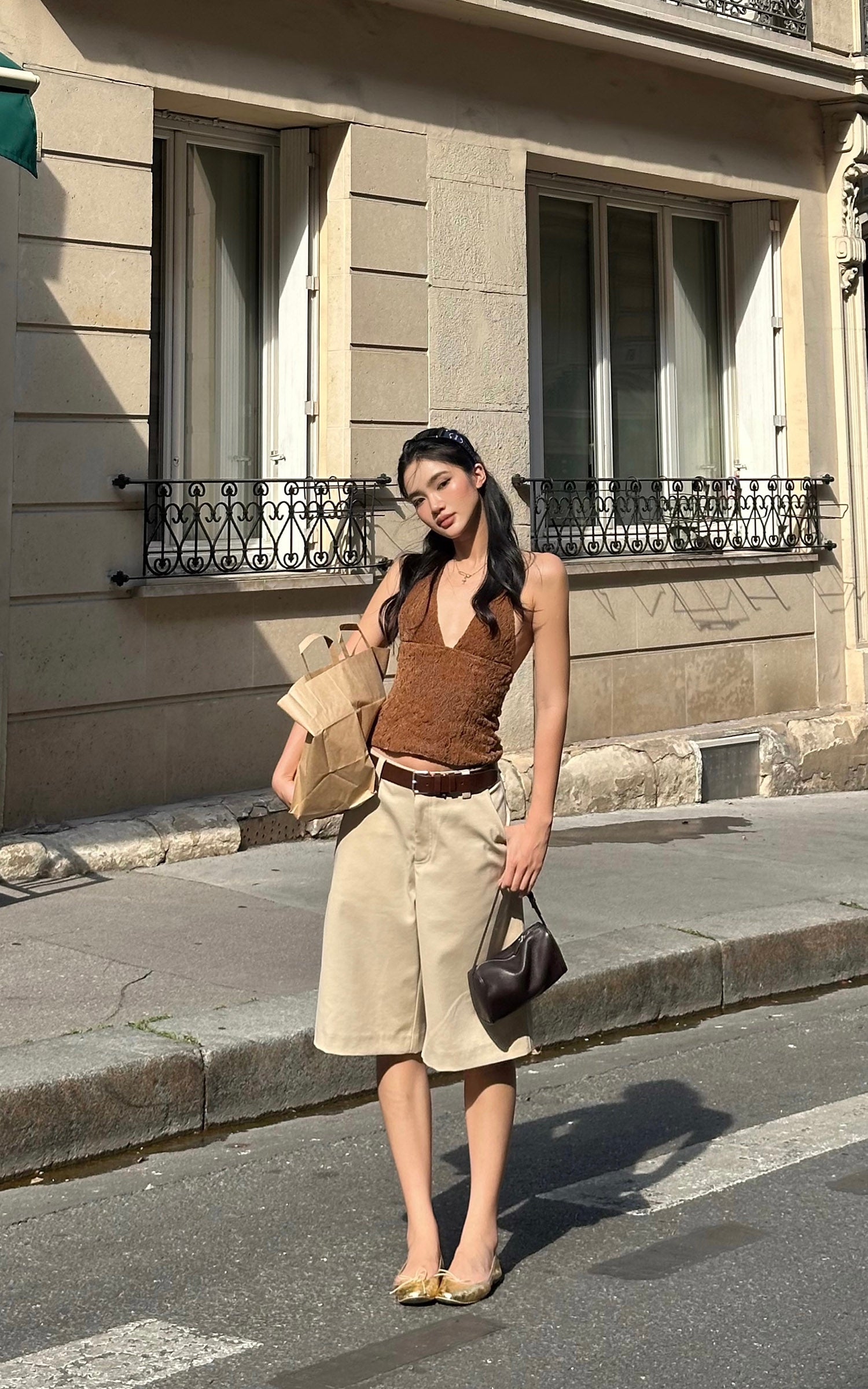 ROVENTE Lace Halter Top in Brown Velvet