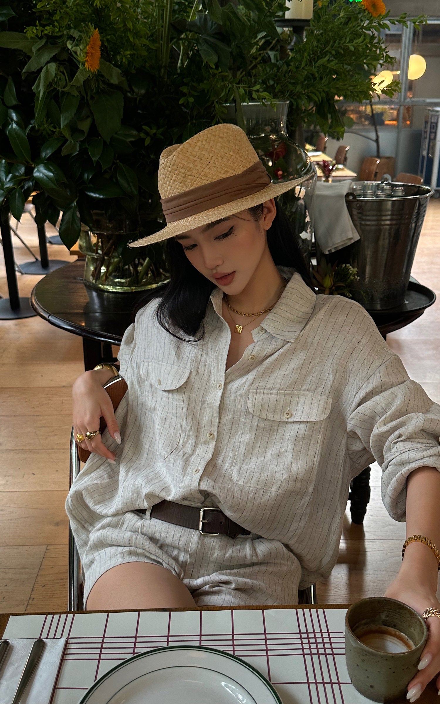 ROVENTE Pinstripe Linen Shirt and Shorts Set with Relaxed Fit and Tailored Detailing