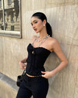 ROVENTE Lace Trim Corset Top and Flared Pants Set