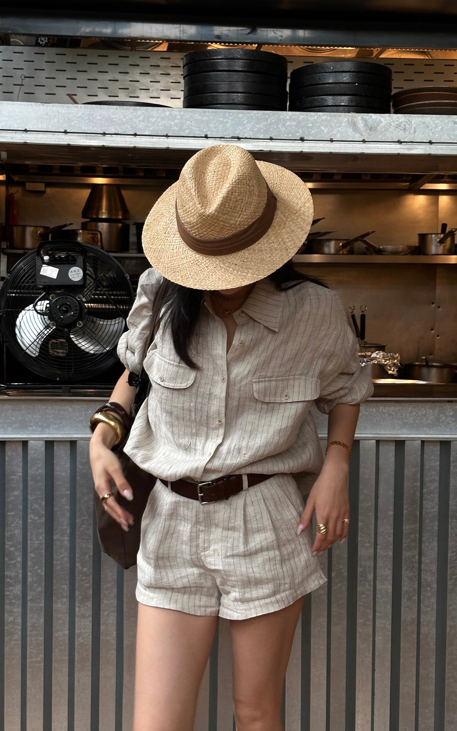 ROVENTE Pinstripe Linen Shirt and Shorts Set with Relaxed Fit and Tailored Detailing